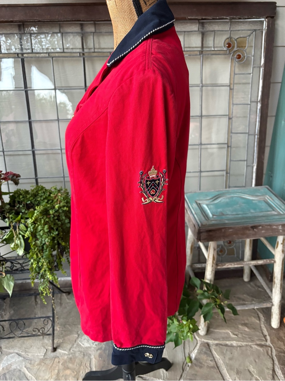 Vintage St. John Red Zip-Front Jacket Navy Trim Nautical Crest Patch Medium
